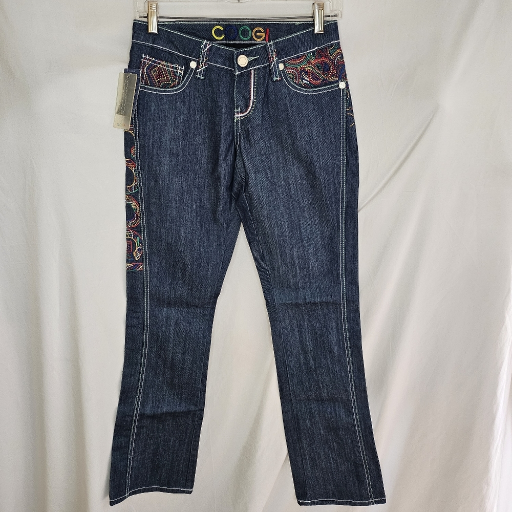 New Juniors COOGI Colorful Embroidery Low Rise Jeans Indigo Dark 90s Y2K Sz 5 6